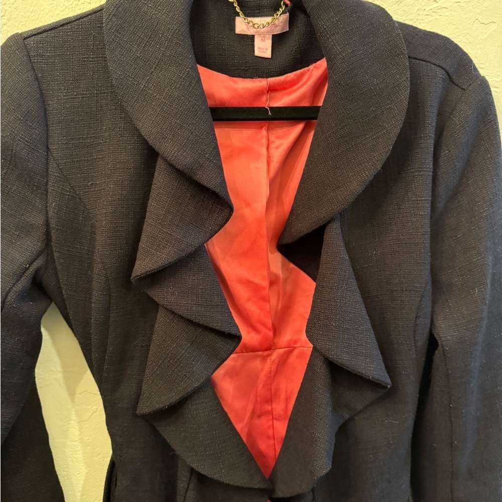 Lilly Pulitzer Ruffle Black Trench Coat with Pink Lining - Picture 2 of 16